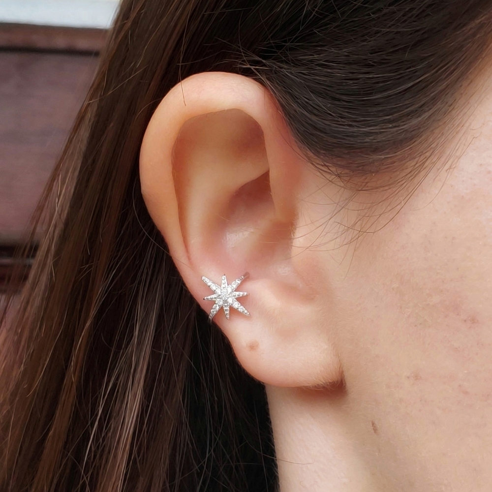 Star Ear Cuff Silver No Piercing Earring Sparkling Earcuff 925 Sterling Silver - Picture 1 of 7